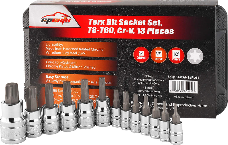 EPAuto Torx Bit Socket Set, Star Socket T8-T60, Cr-V, 13 Pieces