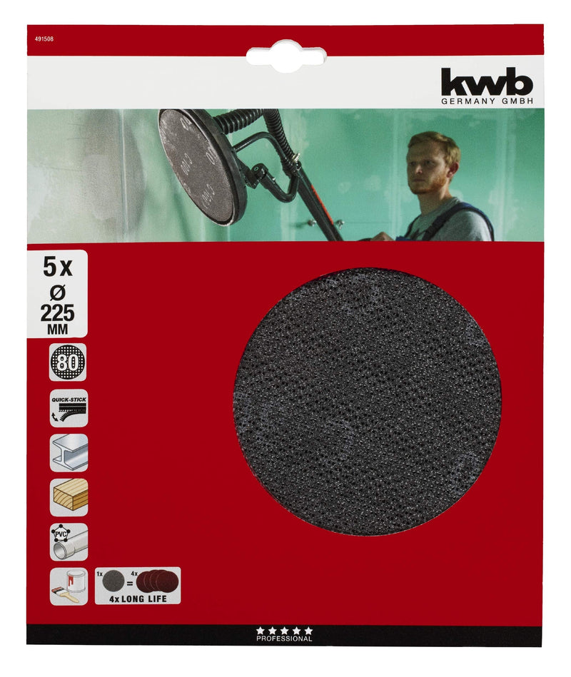 kwb Quick-Stick sanding grid disc K 80 - for long-neck sanders, 225 mm Ø, made of fiberglass, perforated with Velcro (5 pcs.) K80, pack of 5 Ø 225 mm