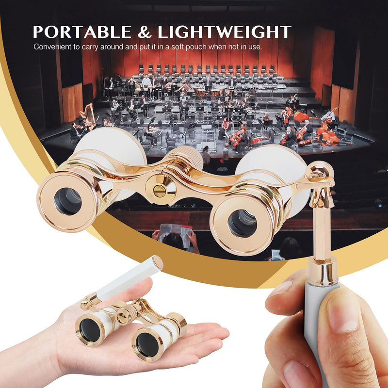 Yourelexit® Opera Glasses Binoculars 3X25 Lorgnette Theater Glasses Optical BK9 Mini Compact Lightweight Built-in Foldable Adjustable Handle Vintage for Adults Kids Women in Musical Concert Cinema White With Handle