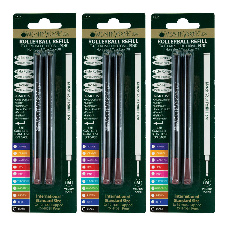 Monteverde Ceramic Rollerball Refill for Capped Rollerball Pens, Black, 6 Pack (G233BK)