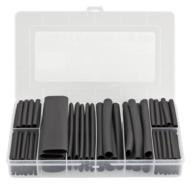 142 pieces 3:1 with adhesive black shrink tube assortment unlabelled. Set total length of 8.3m in a practical box. Hot glue layer on the inside waterproof ISOLATECH