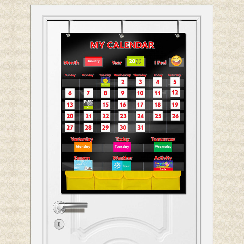 Black Calendar and Weather Pocket Chart with 148 Cards,(108 Illustrated Activity Cards, 40 Dry Erasable Flash Cards and 3 Hooks 28"x35.5") Black