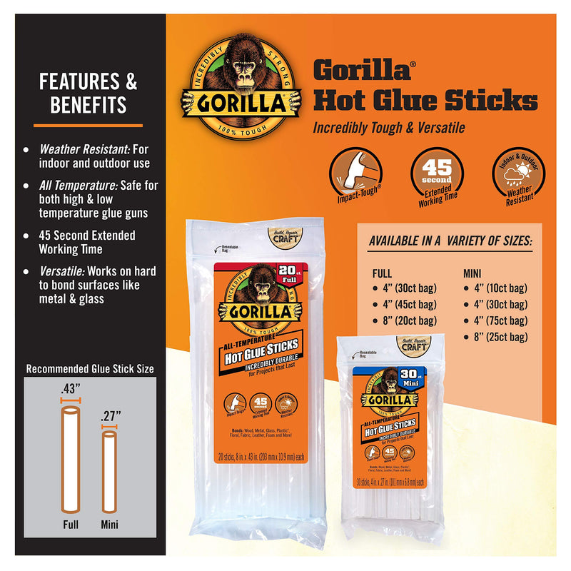 Gorilla 3021002 Mini Hot Glue Sticks, 10 Count, Clear, 10 Count