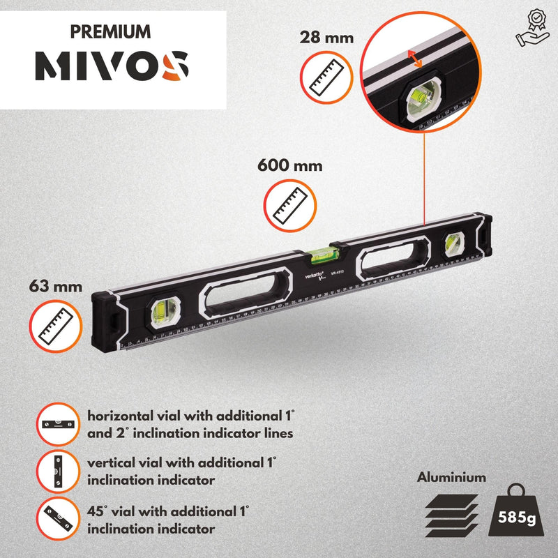 MIVOS - Aluminum spirit level 60cm with magnet system and aluminum housing - Spirit level with 3 levels - High accuracy - Magnetic spirit level 600 mm