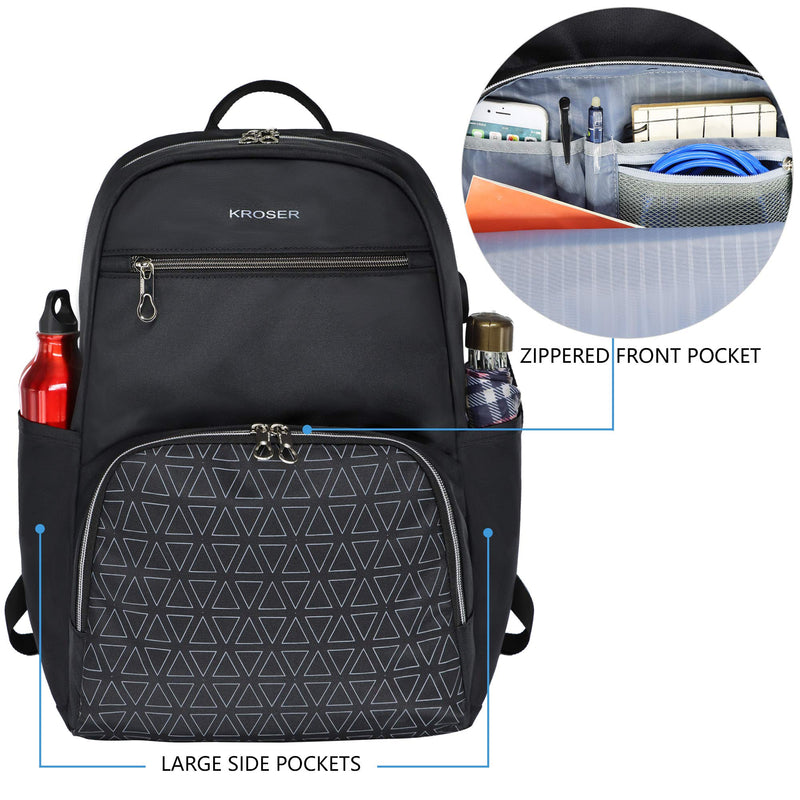 KROSER Stylish Laptop Backpack 15.6 Inch College School Daypack with USB Charging Port, Water-repellent Nylon Computer Backpack Fashion Backpack for Travel/Business/Women/Girls-Black