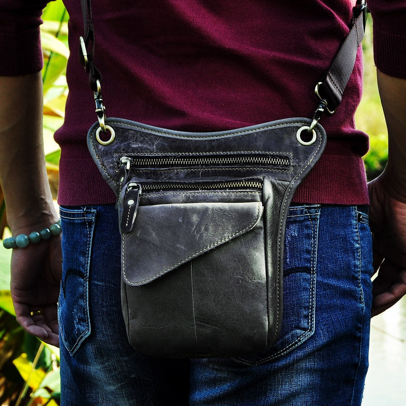 Le'aokuu Mens Genuine Leather Cycling Waist Hip Bum Pack Utility Drop Leg Cross Over Bag (Grey 2) 211-3 Grey 2