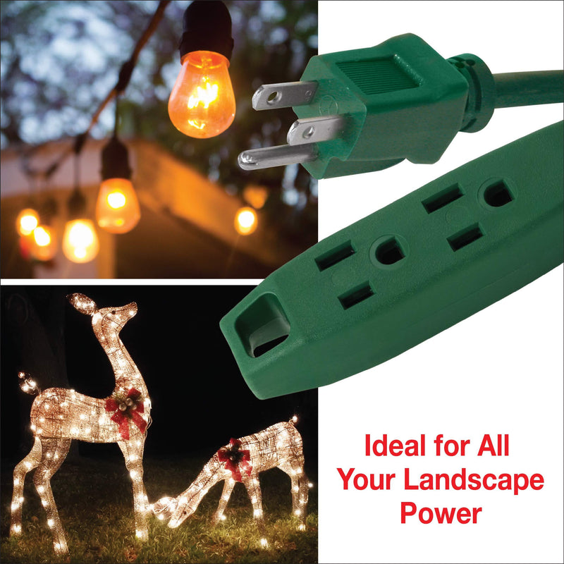 Clear Power 9 ft Lawn & Garden Outdoor Extension Cord 16/3 SJTW, 3-Outlet, Green, Water & Weather Resistant, Flame Retardant, 3 Prong Grounded Plug, CP10140