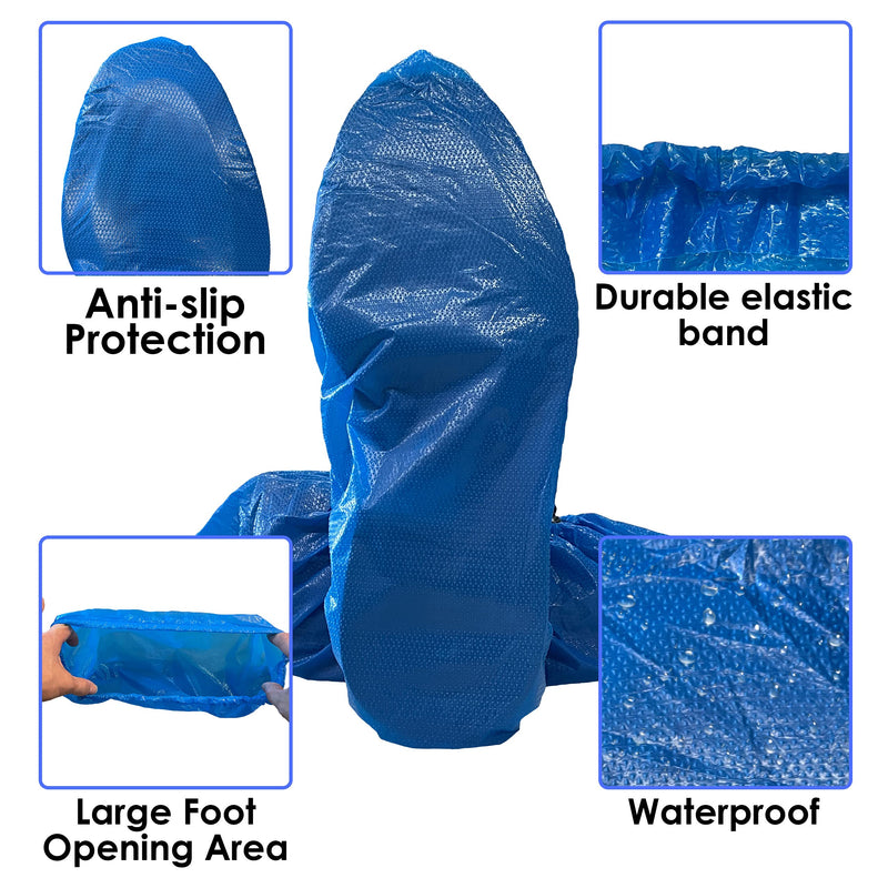 Buena Goods 100 Pack Extra Large Disposable Blue Boot & Shoe Covers. Reusable Premium CPE Waterproof Durable Booties with Non Slip Treads for Indoor Use. Fits US Men's Size 14 & Women's 16 Shoe Size