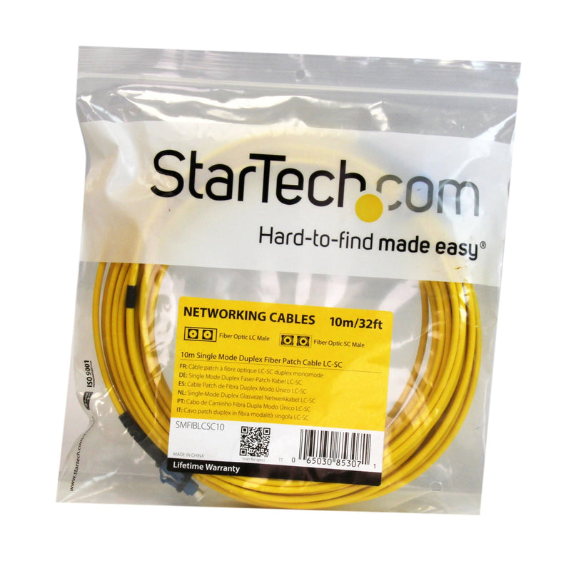 StarTech.com 10m Fiber Optic Cable - Single-Mode Duplex 9/125 - LSZH - LC/SC - OS1 - LC to SC Fiber Patch Cable (SMFIBLCSC10) 30 ft / 9m LC-SC