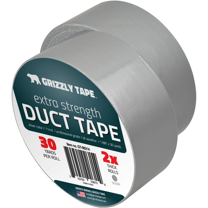 Grizzly Brand Professional Grade Duct Tape, 2-Pack, Silver Color, 11mil Thick, 1.88" Wide x 30 Yards, 2 Rolls - Ideal for Crafts, Home Improvement Projects, Repairs, Maintenance, Bulk