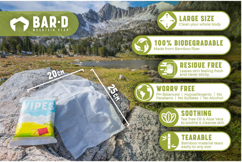 Bar-D Biodegradable Body Wipes with Tea Tree Oil & Aloe Vera - Refreshing Wet Wipes great for Camping, Hiking, Backpacking, Festivals, Post Workout and Travel (3-Pack, 10 wipes/pack)