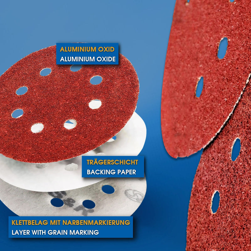 S&R Velcro sandpaper set 125mm, master, 8 holes, 60 pieces. Sanding sheets, sanding discs for eccentric sanders: 10*P40, 10*P60, 10*P80, 10*P120, 10*P180, 10*P240