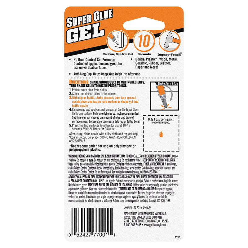 Gorilla Super Glue Gel, 20 Gram, Clear, (Pack of 1) 1 Pack