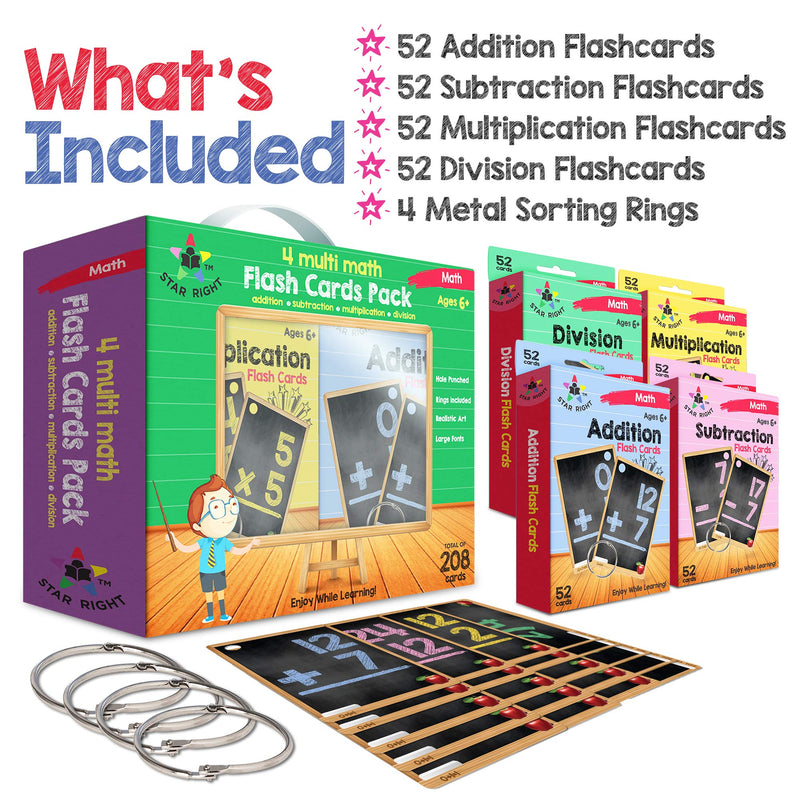 Star Right Multi Math Flashcards Pack - Addition, Subtraction, Multiplication, & Division - 1 Ring and 52 Hole Punched Cards Per Set - 208 Cards Total