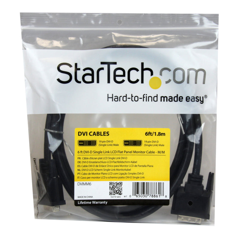 StarTech.com 6 ft DVI-D Single Link Cable - Male to Male DVI-D Digital Video Monitor Cable - DVI-D M/M - Black 6 Feet - 1920x1200 (DVIMM6)
