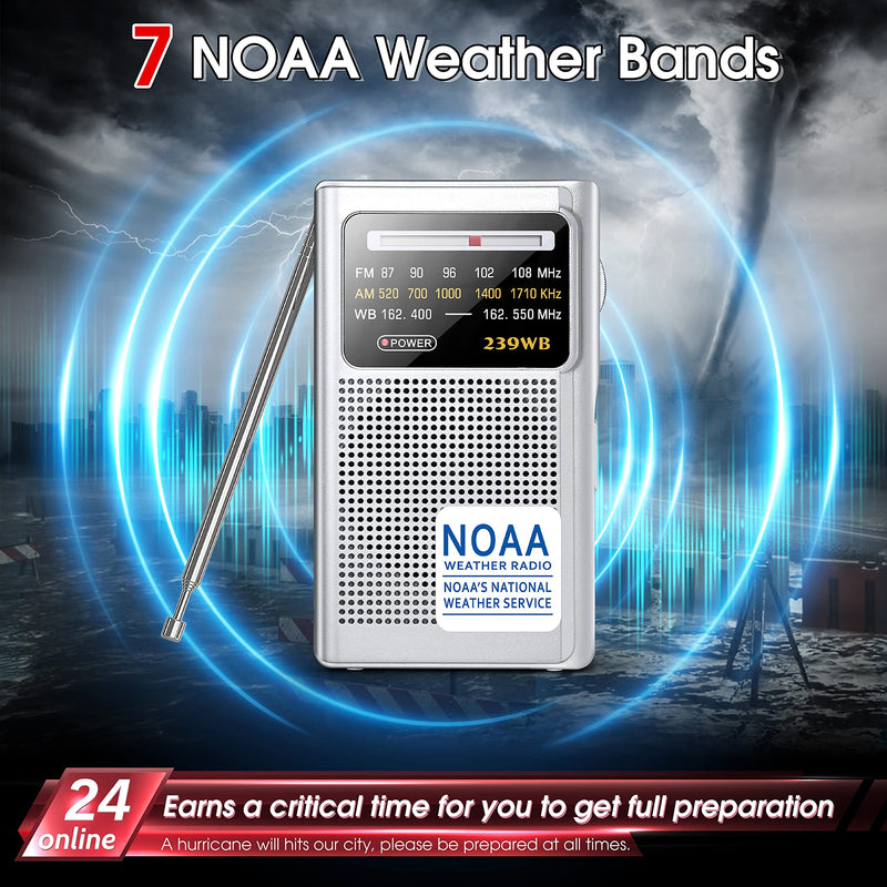 Greadio NOAA Weather Radio, AM/FM Battery Operated Transistor Portable Radio with Best Reception,Stereo Earphone Jack,Powered by 2 AA Battery for Emergency,Hurricane,Running, Walking,Home (Silver) Silver