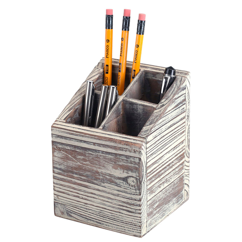 MyGift Rustic Torched Wood 4 Slot Pen Pencil Holder, Square Desktop Office Supply Storage Box