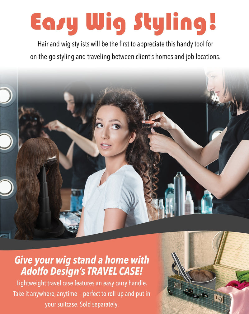 Adjustable Wig Head for Travel and Salon - Black Stand, Styrofoam Head, Collapsible Compact Stand Expands for Long and Short Wigs - by Adolfo Design