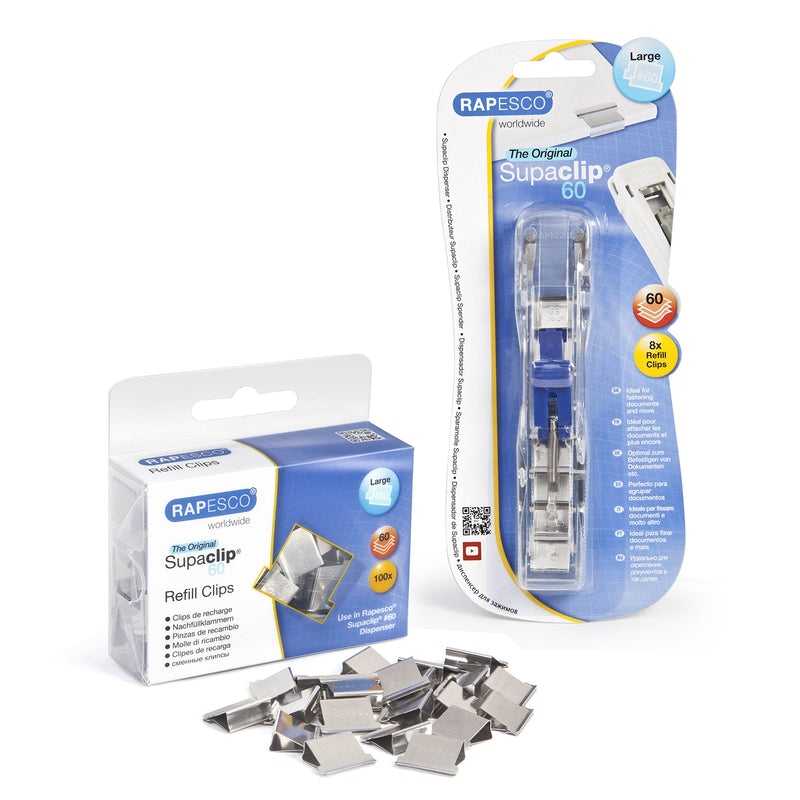 Rapesco Supaclip 60 Kit with Dispenser and 100 Stainless Steel Refill Clips (1300)