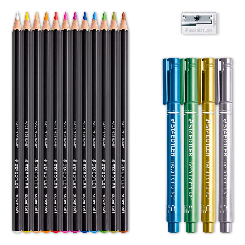 STAEDTLER Design Journey Black & White Set of Soft Coloured Pencils, Metallic Markers and Sharpener Black and White Set