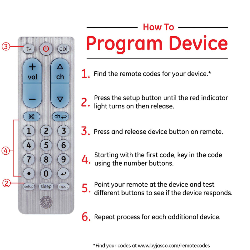GE Big Button Universal Remote Control for Samsung, Vizio, Lg, Sony, Sharp, Roku, Apple TV, TCL, Panasonic, Smart TVs, Streaming Players, Blu-Ray, DVD, 2-Device, Silver, 33701