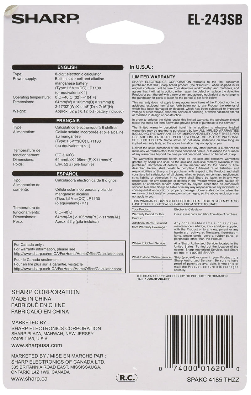 Sharp Electronics 8-Digit Twin Powered Calculator (EL-243S/EL-243SB)