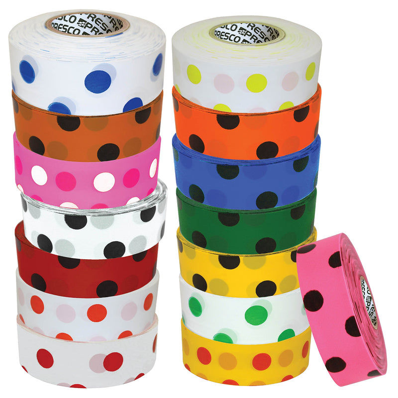 Presco Polka Dot Patterned Roll Flagging Tape: 1-3/16 in. x 300 ft. (Yellow and Red Polka Dot) [NON-ADHESIVE] 1-3/16 in. x 300 ft. Yellow and Red Polka Dot (1.188 in. x 100 yds.)