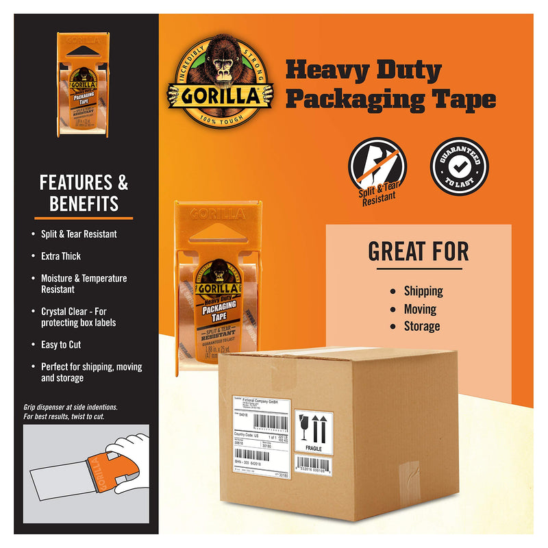 Gorilla Heavy Duty Packing Tape with Dispenser for Moving, Shipping and Storage, 1.88" x 25 yd, Clear, (Pack of 1) 1 - Pack