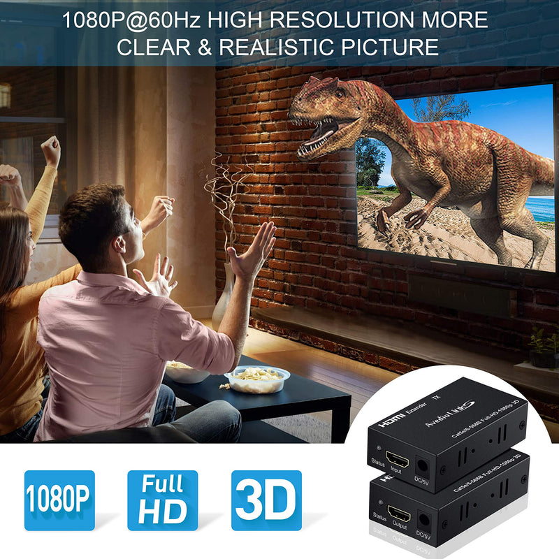 196ft/60m HDMI Extender, avedio links HDMI Extender Over Cat 5e/6/7, Digital HDMI Ethernet Extender Adapter Support Full HD 1080P 3D, EDID Copy, Deep Color, Compatible with Fire Stick, Roku, Blue-ray HDMI Extender 60m