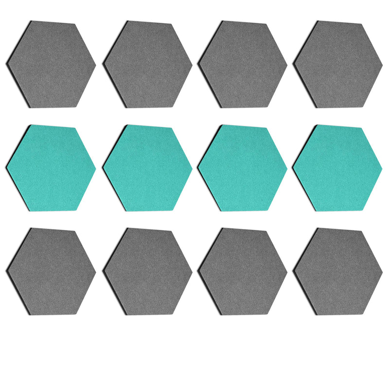 Navaris Hexagon Felt Board Tiles - Set of 12 Notice Memo Bulletin Boards with Push Pins and Double-Sided Tape 5.9" x 6.7" - Dark Gray, Turquoise Dark Grey, Turquoise