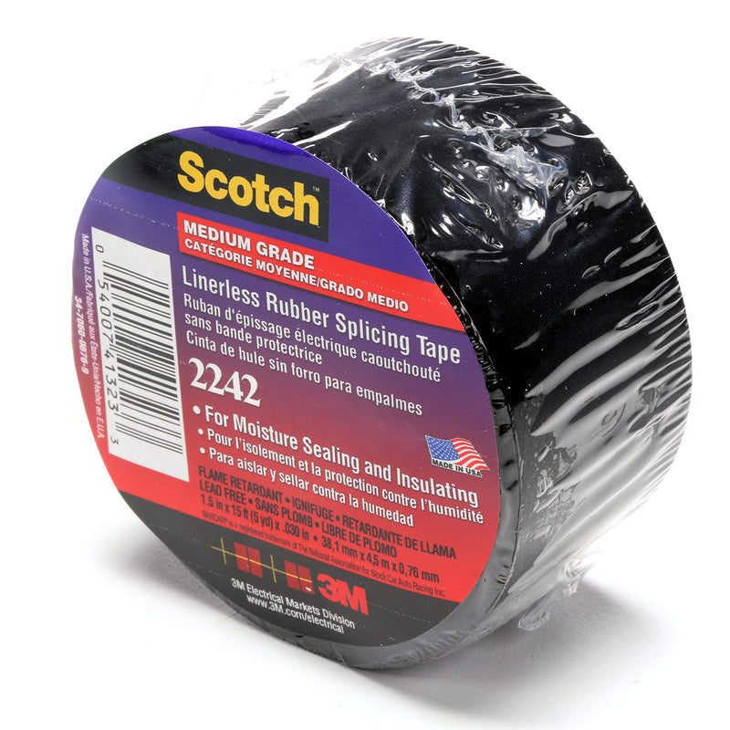 3M Linerless Electrical Rubber Tape 2242, 1-1/2 in x 15 ft, 1 in core, Black, General Purpose Self-Fusing Insulating Tape, 1 Roll