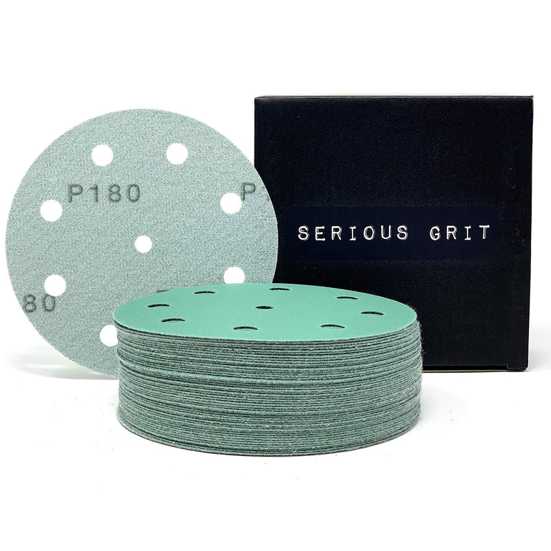 Serious Grit 5-Inch 9-Hole, 180 Grit Sanding Discs - Premium Hook and Loop Heavy Duty Sandpaper for Random Orbital Sanders - 50 PACK BOX
