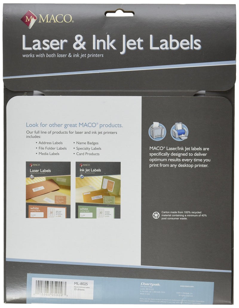 MACO Laser/Ink Jet White Return Address Labels, 1/2 x 1-3/4 Inches, 80 Per Sheet, 2000 Per Pack (ML-8025)