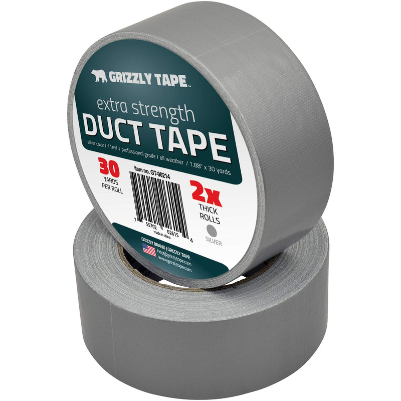 Grizzly Brand Professional Grade Duct Tape, 2-Pack, Silver Color, 11mil Thick, 1.88" Wide x 30 Yards, 2 Rolls - Ideal for Crafts, Home Improvement Projects, Repairs, Maintenance, Bulk