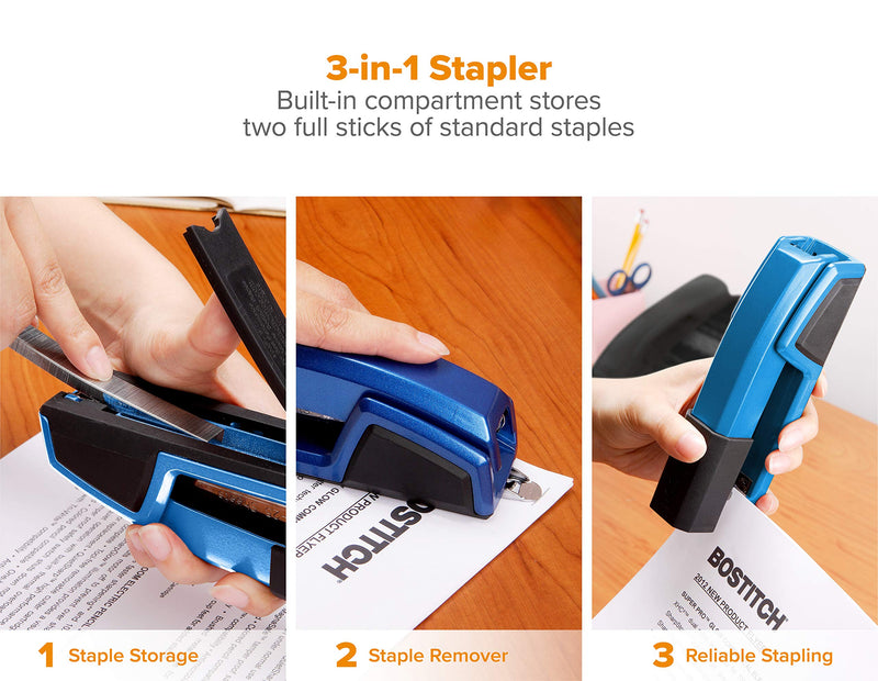 Bostitch Epic All Metal 3 in 1 Stapler with Integrated Remover & Staple Storage, Blue (B777-BLUE)