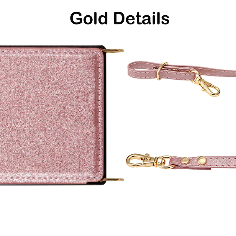 DEFBSC Compatible with iPhone 14 Case, Crossbody Wallet Case, Adjustable Detachable Lanyard Neck Strap with Kickstand Leather Card Holder Protective Cover for iPhone 14 6.1"-Rose Gold Rose Gold