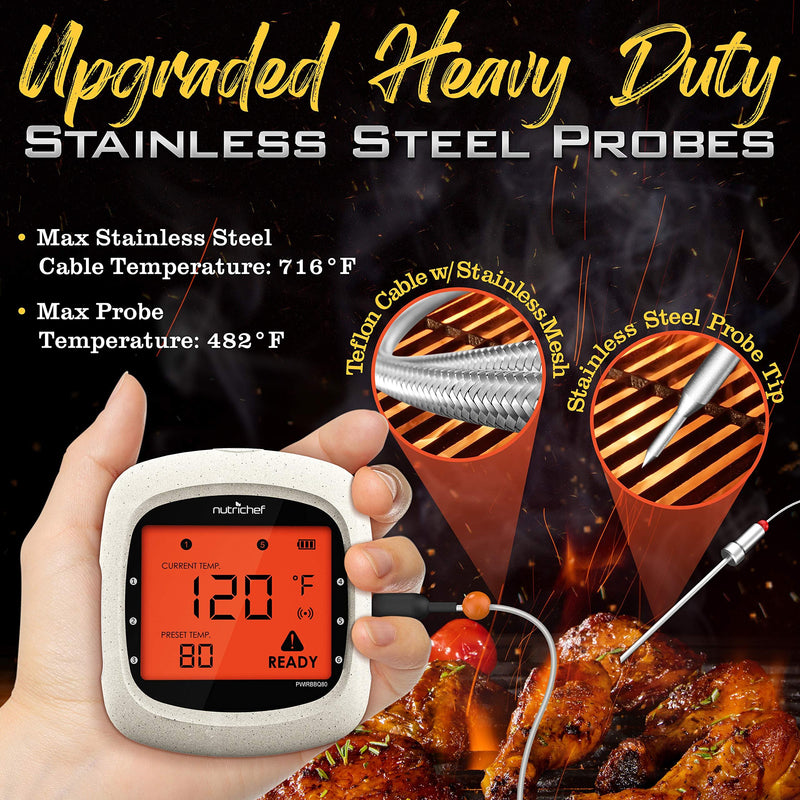 NutriChef Smart Bluetooth BBQ Grill Thermometer - Upgraded Stainless Dual Probes Safe to Leave in Outdoor Barbecue Meat Smoker - Wireless Remote Alert iOS Android Phone WiFi App, One Size, PWIRBBQ80 Multi Probe