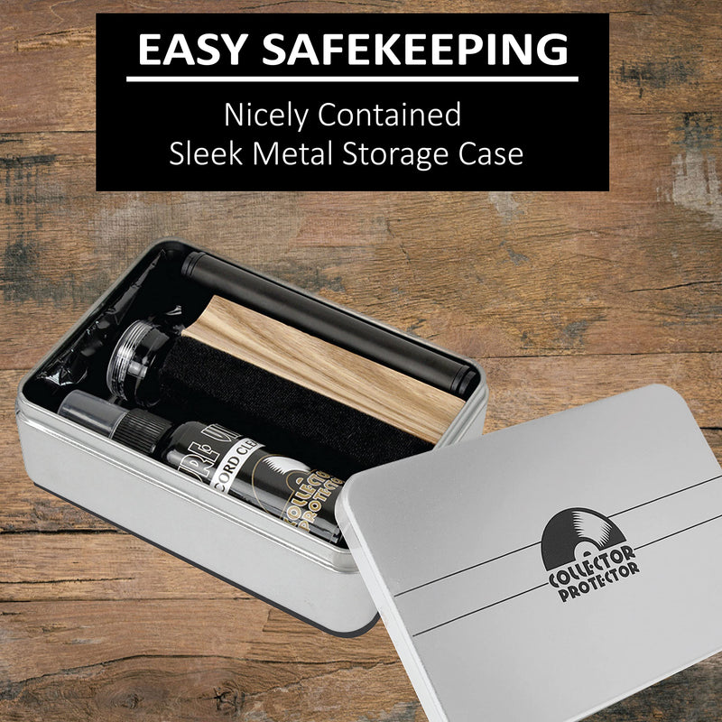 Vinyl Record Cleaning Kit - The Complete Set - Includes Soft Velvet & Carbon Fiber Record Brushes, LP Cleaner Solution, Turntable Stylus Gel, Microfiber Cloth, Label Protector & Metal Storage Case