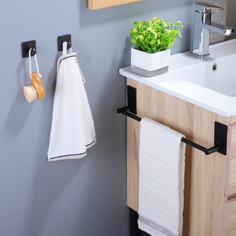 Taozun Towel Bar - Towel Holder with 2 Packs Adhesive Hooks Black 16-Inch Hand Towel Rack Towel Hook Stick on Wall, Stainless Steel Bathroom Hardware Accessory Kit