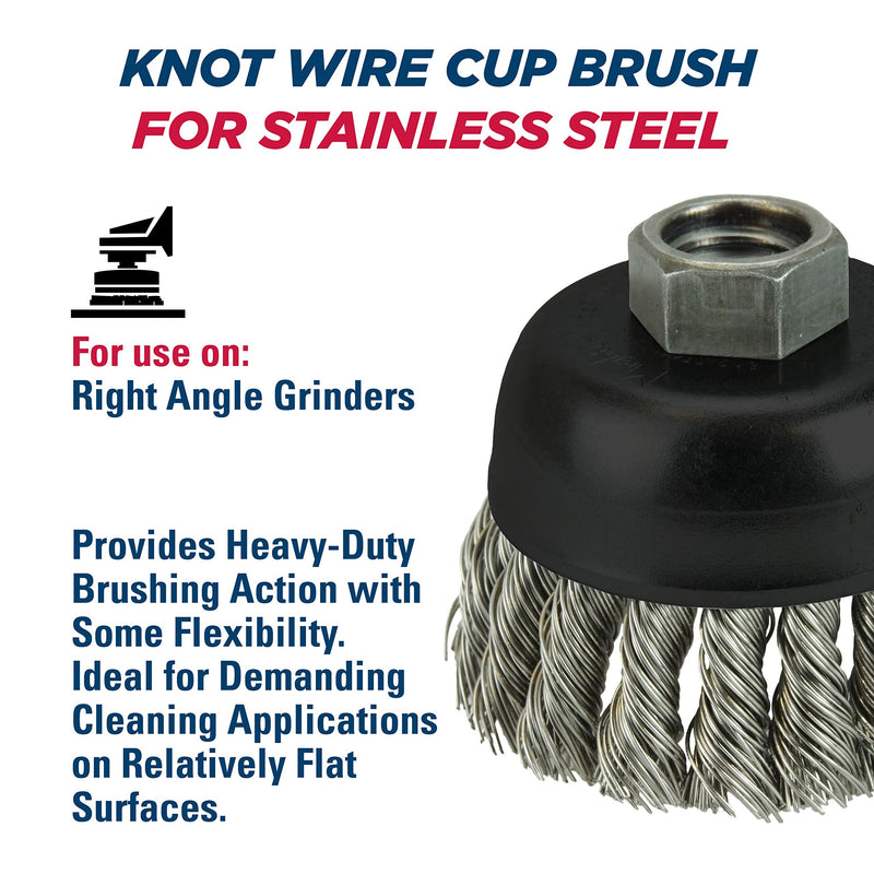 Weiler 13258 2-3/4" Single Row Knot Wire Cup Brush, .020" Stainless Steel Fill, 5/8"-11 UNC Nut, Made in the USA 2-3/4" Dia .020" Wire Size x 1" Trim Length