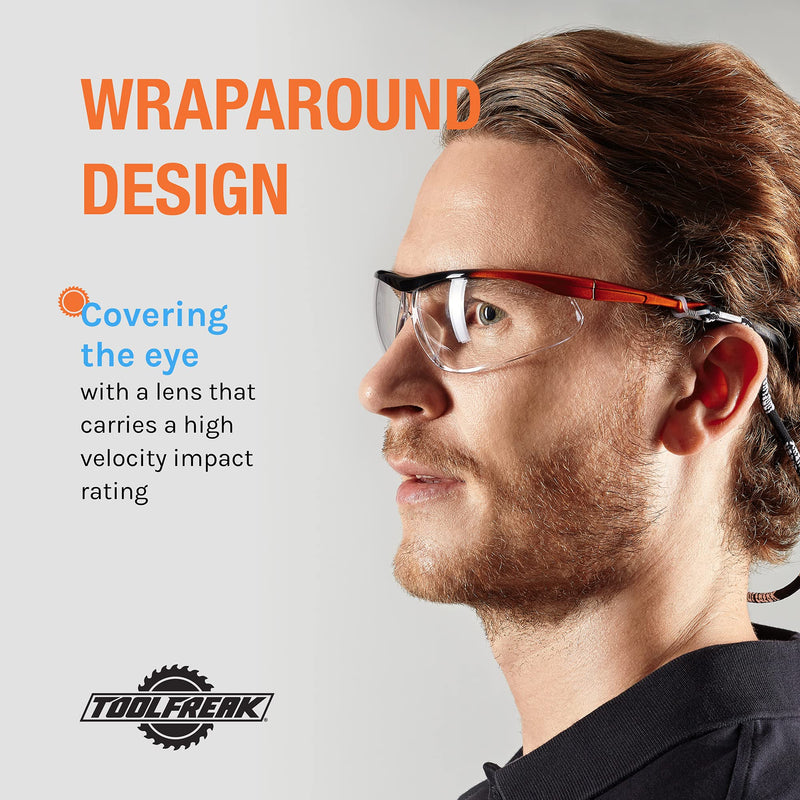 ToolFreak Agent Safety Glasses, Wraparound Lens, U6 UV and Impact Rating to ANSI z87.1, Pouch and Neck Cord Clear Lens