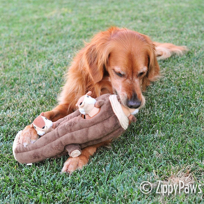 ZippyPaws - Woodland Friends Burrow, Interactive Squeaky Hide and Seek Plush Dog Toy 14x6x6 Inch (Pack of 1) Chipmunks ‘n Log