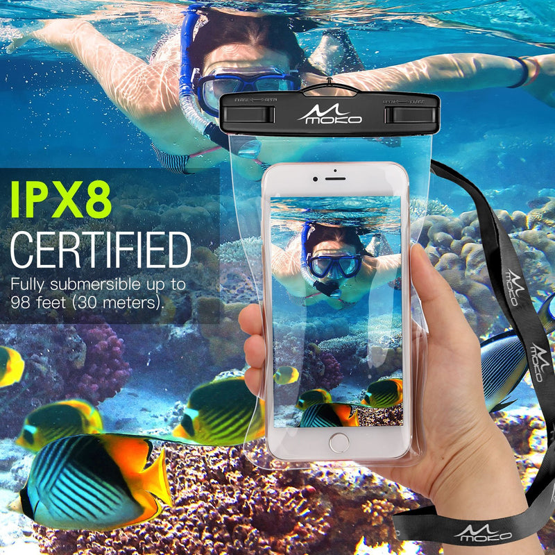 MoKo Waterproof Phone Pouch [3 Pack], Underwater Phone Case Dry Bag with Lanyard Compatible with iPhone 12 Mini/12 Pro, iPhone 11 Pro Max, X/Xs/Xr/Xs Max, 8/7, Galaxy S21/S10/S9, Note 10/9/8 up to 8" Black + Black + Balck