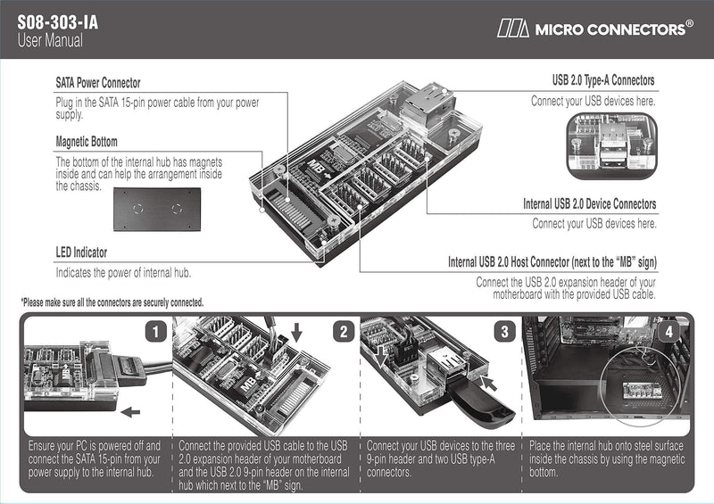 Micro Connectors S08-303-IA - Acrylic Internal USB 2.0 Hub with Magnetic Base - 5 USB 2.0 Ports Expansion