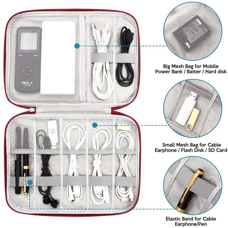 SELLYFELLY Electronics Organizer Travel Cord Organizer Case Compact Electronics Accessories Bag for Cable, Cord, Charger, Phone, Hard Drive Wine Red