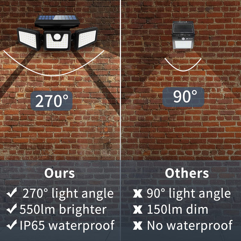 INCX Solar Motion Sensor Lights Outdoor, 3 Heads Security Lights Solar Powered, 118 LED Flood Light Motion Detected Spotlight for Garage Yard Entryways Patio, IP65 Waterproof 1 Pack Black