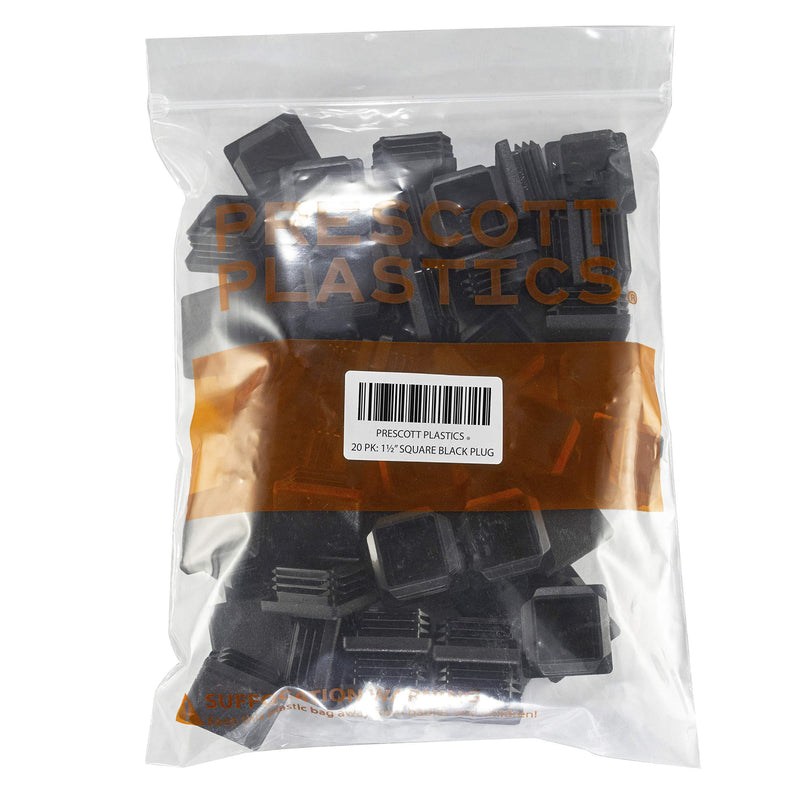 Prescott Plastics 1.5" Inch Square Plastic Plug Insert (20 Pack), Black End Cap for Metal Tubing, Fence, Glide Insert for Pipe Post, Chairs and Furnitures 20