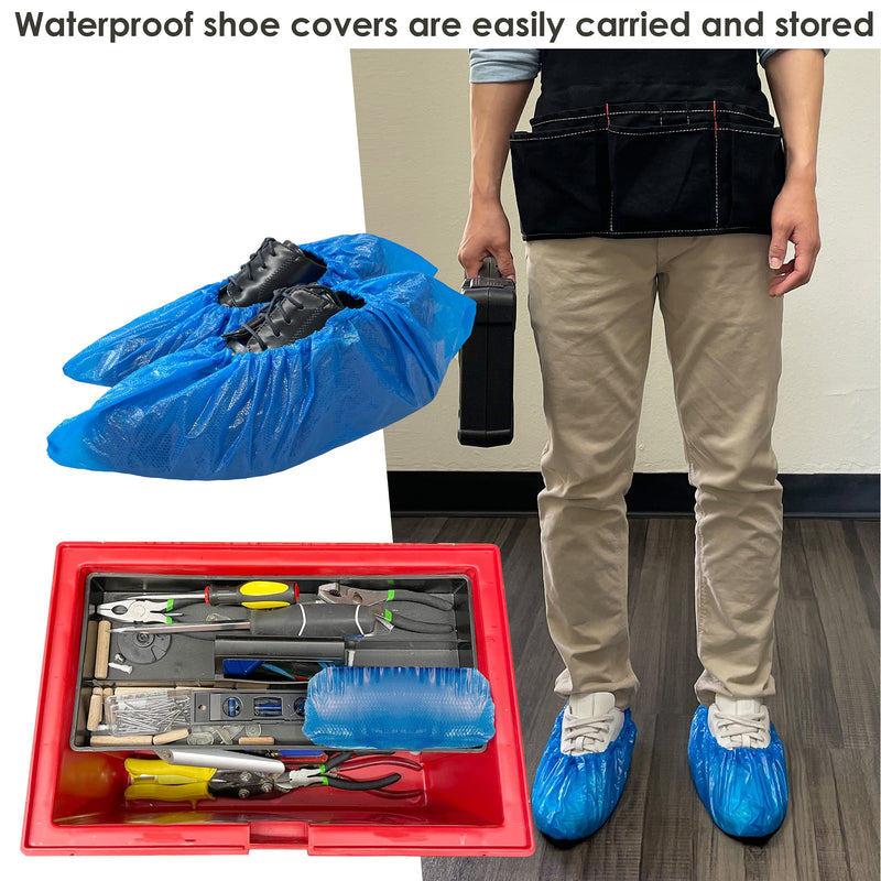 Buena Goods 100 Pack Extra Large Disposable Blue Boot & Shoe Covers. Reusable Premium CPE Waterproof Durable Booties with Non Slip Treads for Indoor Use. Fits US Men's Size 14 & Women's 16 Shoe Size