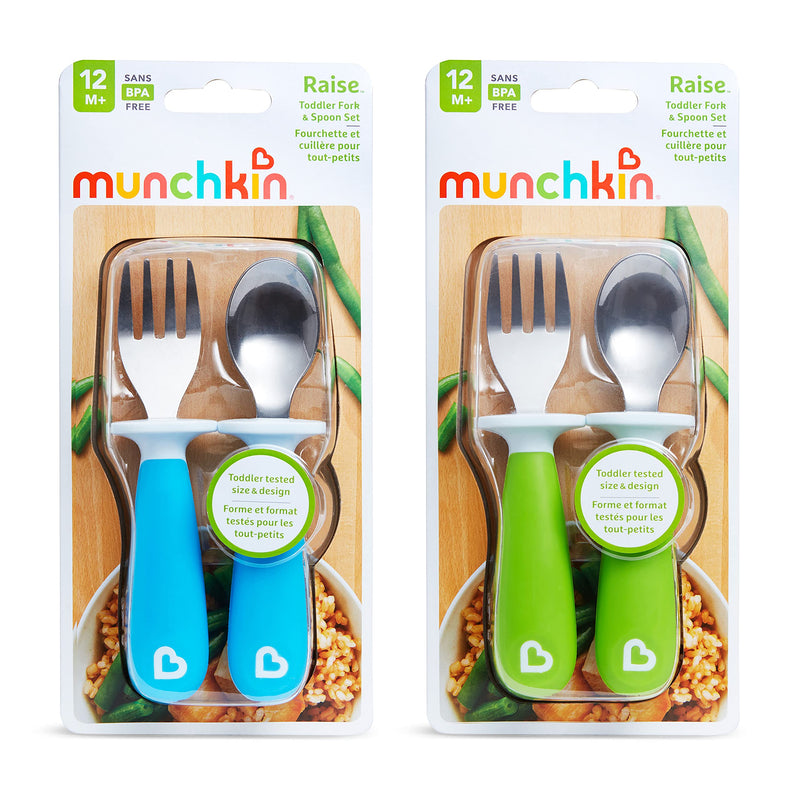 Munchkin 4 Count Raise Toddler Fork and Spoon, Blue/Green, 12+ 4 Pack