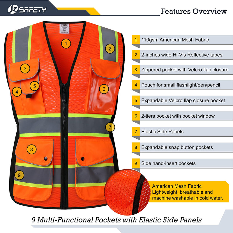 JKSafety 9 Pockets Women Hi-Vis Reflective Safety Vest | Mesh Neon Orange| Reflective Strips with Yellow Extended Trims | ANSI Compliant (168-Orange, S) Small V168-orange